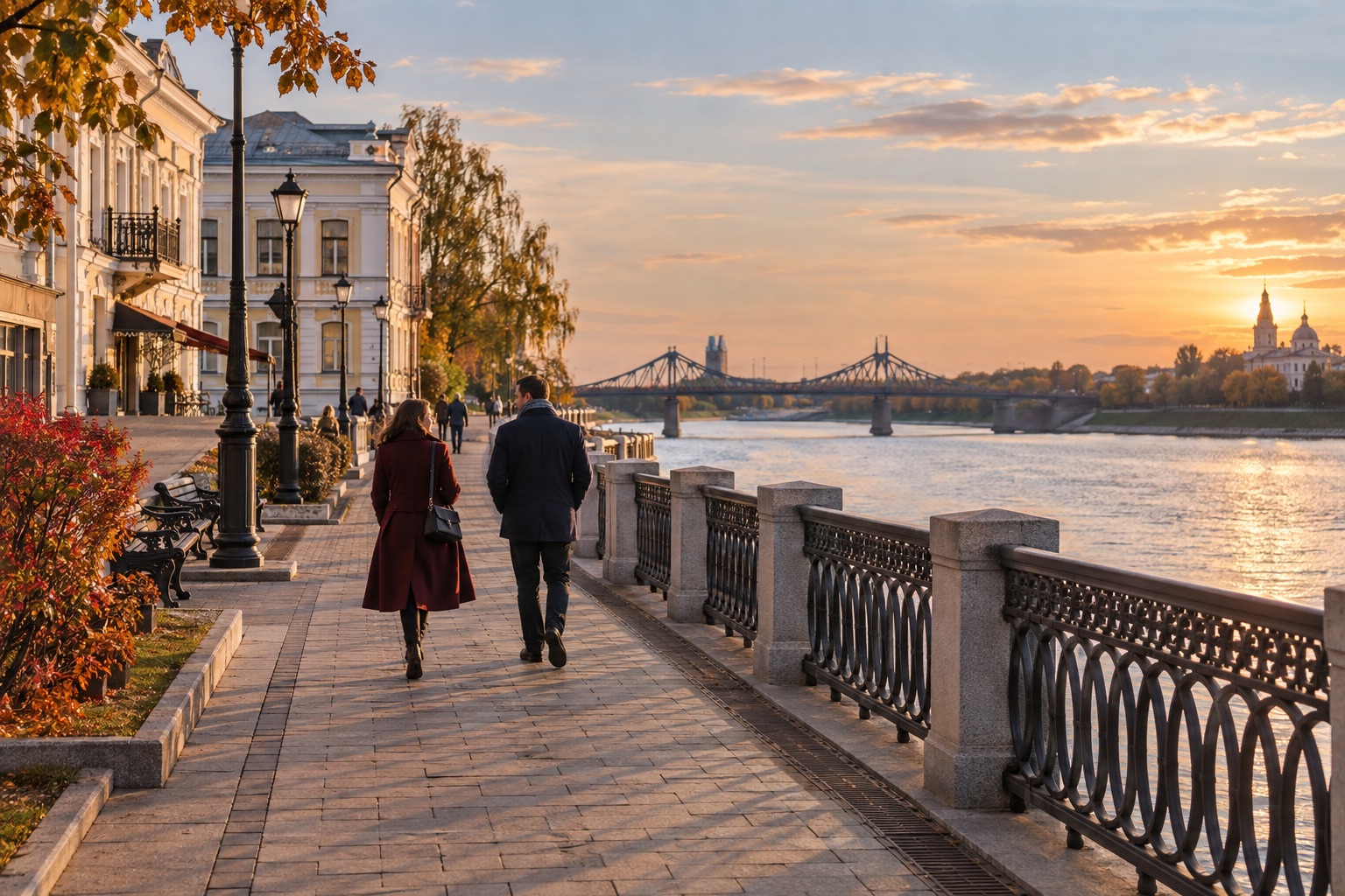 Взрослая пара гуляет по городской набережной на закате
